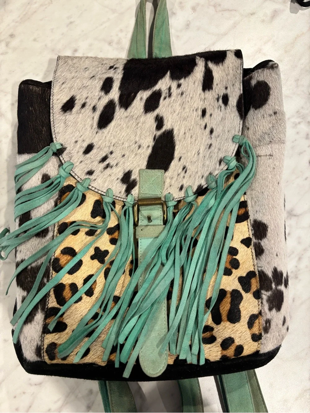 Teal Fringe Cowhide & Leopard Print Backpack